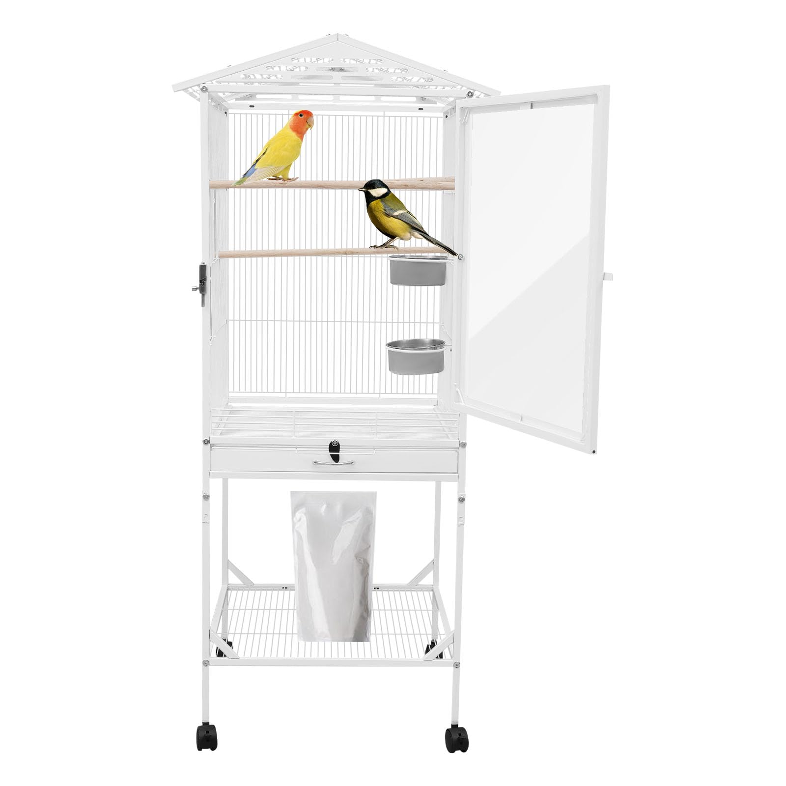 Vogelkäfig mit Rollen Käfig für Papageien 46 x 46 x 136 cm Großer Käfig für Papageien Nymphensittiche Wellensittiche, Vogelvoliere mit Ständer & Ablagefach, Weiß