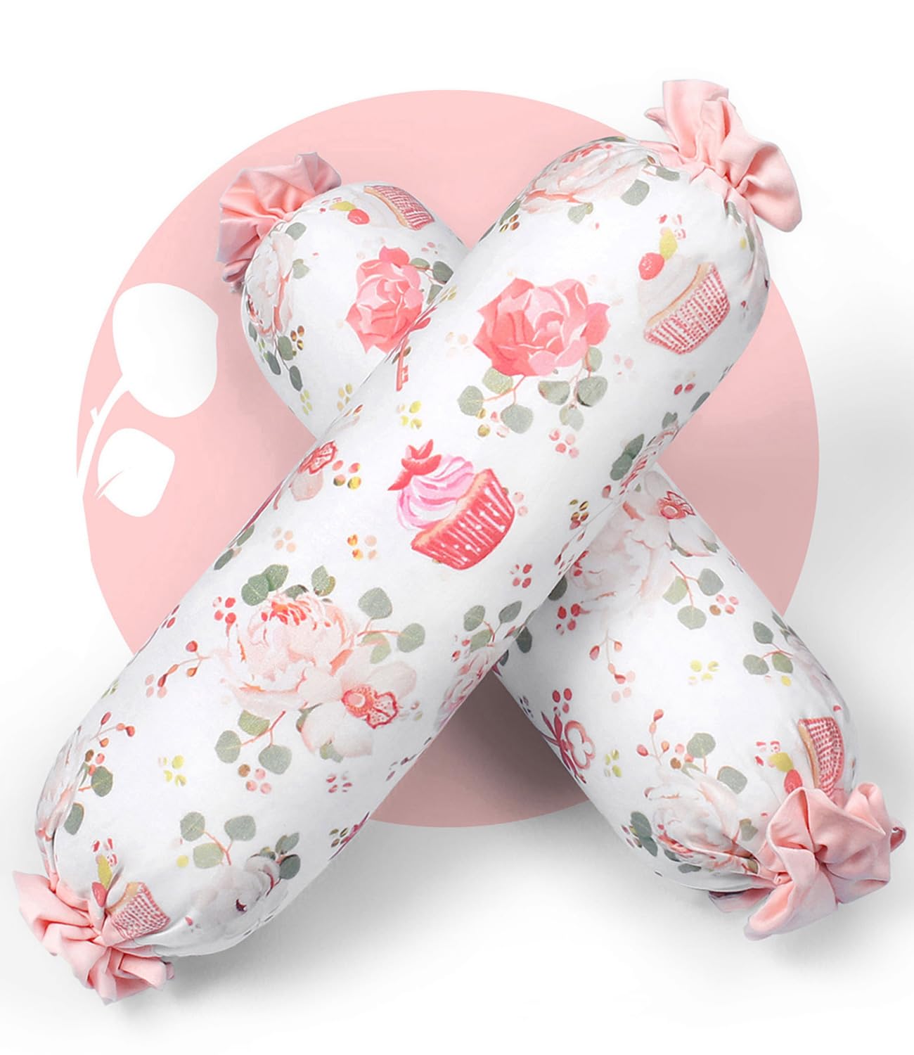 Bonfino Premium Organic Cotton Cupcake Theme Baby Bolsters, Side & Neck Support Pillows for Babies, Washable & Removable Covers, L, 38 x B 20 x H 8, Pillows for Newborn 0-12 Months - Set of 2 (Pink)-image-2