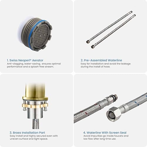 Miniatura 7 de KIBI Grifo de lavabo de baño de una sola manija con drenaje desplegable, boquilla de arco alto, construcción de latón macizo, cartucho de cerámica