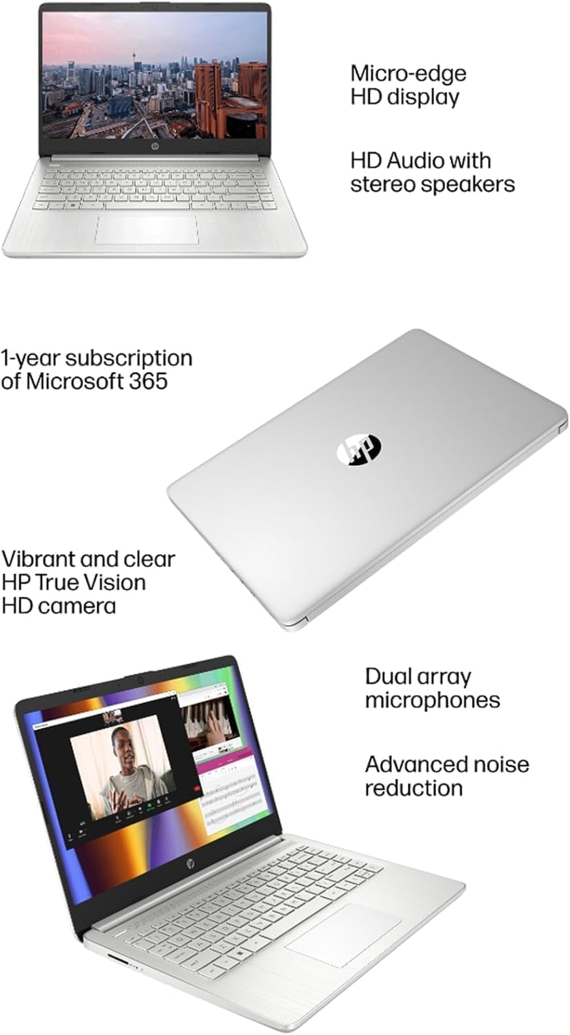 Computer portatile HP 14 (Micro-Edge da 14", Intel N4120, 16 GB di RAM, 192 GB (64 GB eMMC + 128 GB SD), Microsoft 365 per 1 anno, batteria a lunga durata, cornice stretta, webcam, WiFi, Win 11 Home