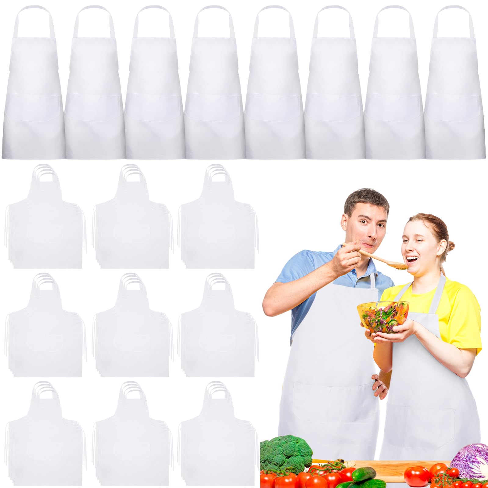 Bonuci Delantal liso unisex con 2 bolsillos para cocinar, para mujeres adultas, chef, cocina, Blanco, talla única