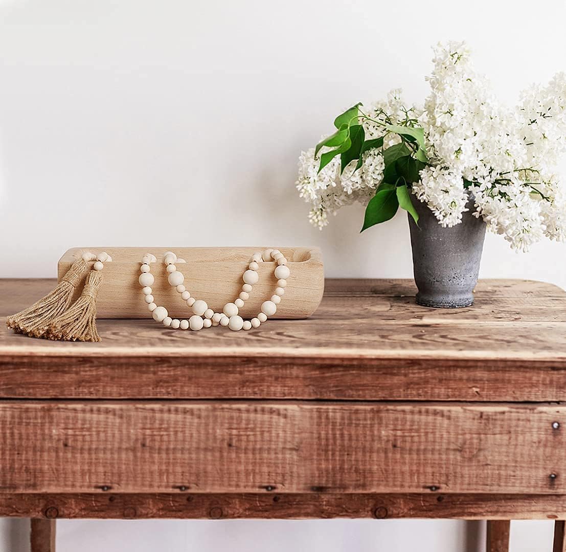 Warm Toast Designs - Wooden Dough Bowl with Bonus Stylish Wooden Bead Garland - Dough Bowls for Decor - Wooden Bowls for Decor Make a Beautiful Addition to your Home: Home & Kitchen