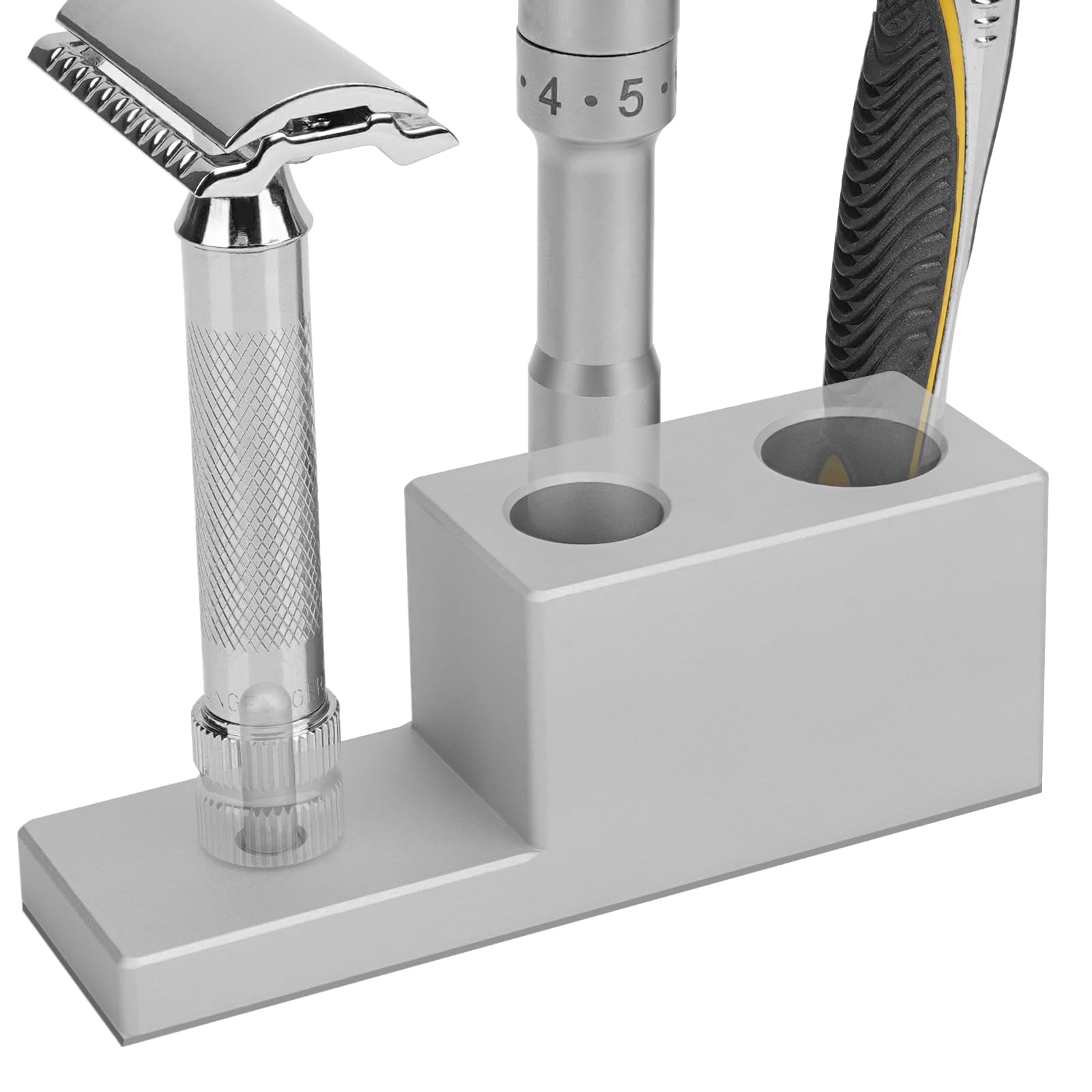 Linkidea Supporto per rasoio lega di alluminio con base di drenaggio,compatibile con lame Vikings e rasoi di sicurezza Merkur,espositore da collezione e organizer da bagno,regalo per uomo(argento)
