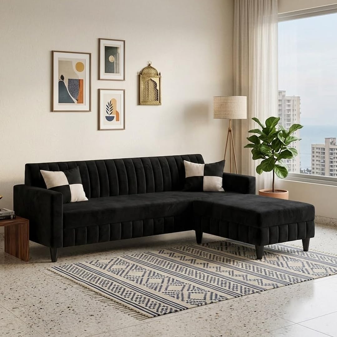 FURNY Gracina 4 Seater Modular Fabric Sofa Set with Ottoman (Black) Premium Velvet Finish Comfortable & Ideal for Living Room-image-48