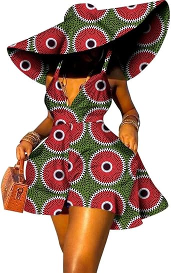 ABCWAX African Dresses for Women Suspenders Traditional Ankara Kente Print with Hat Sexy for Party