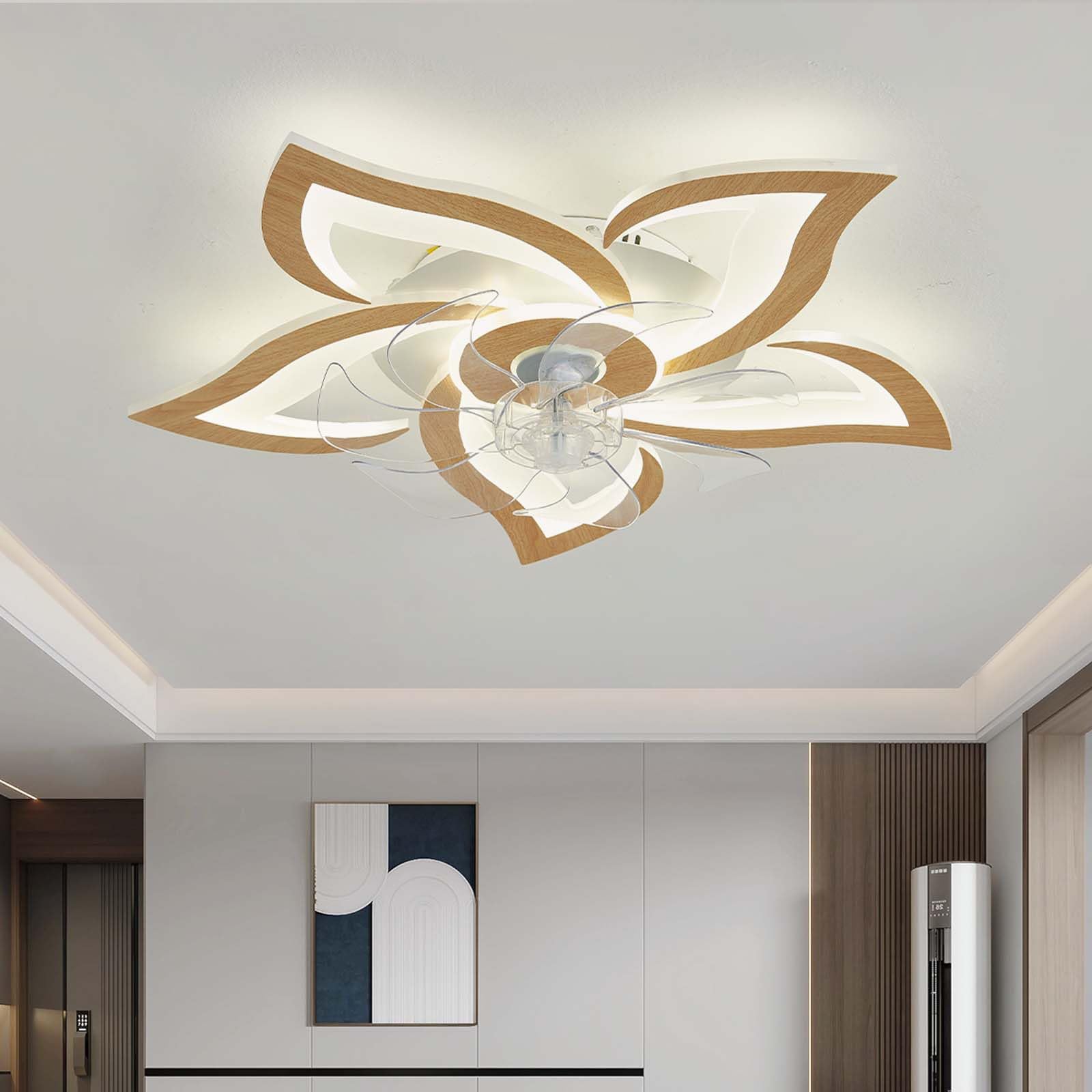 SXDMOUBK Wood Grain Ceiling Fans with Lights and Remote DC Ceiling Fan with Light Summer Winter Reversible 6 Speed Memory Function Dimmable Ceiling Light with Fan Flower APP-Light Brown