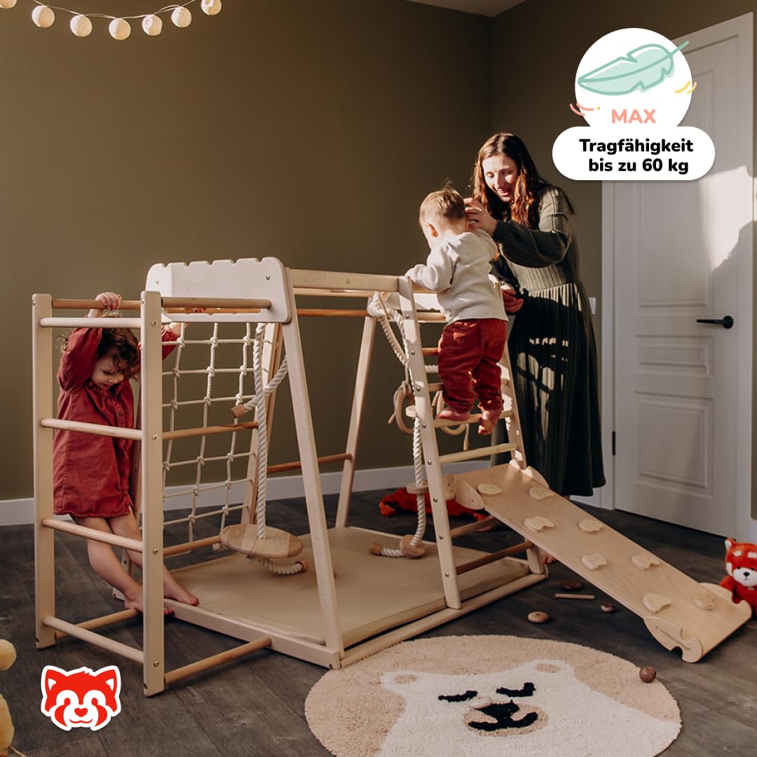WoodandHearts Jungle Gym, Holzkletterer, Spielbereich: Schaukelrampe, Kletterseil, Klettergerüst, Turnringe, Kinderschaukel, Spielmatte in Beige
