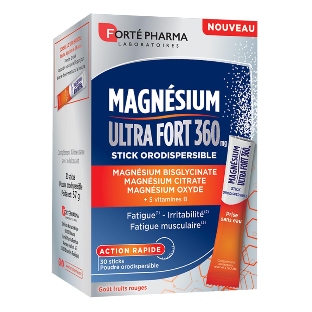 Forté Pharma - Magnésium Ultra Fort 360 - Energie booster, Irritabilité, Fatigue musculaire, Action rapide - 3 sources de magnesium dont bisglycinate, 5 Vitamines B - 30 sticks orodispersibles, 1/jour