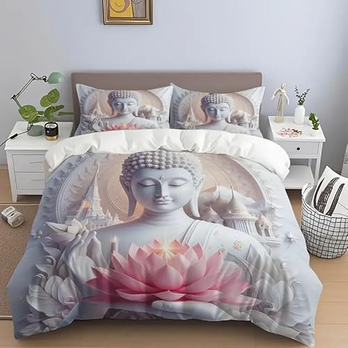 布団カバー仏像寝具カバー蓮掛け布団カバー3点セットマイクロファイバー静電気防止防ダニけ被套軽量丈夫柔ら洗える羽毛布団カバ230x210cm着脱簡単掛duvet cover+枕套2枚43x63cmファスナー開閉