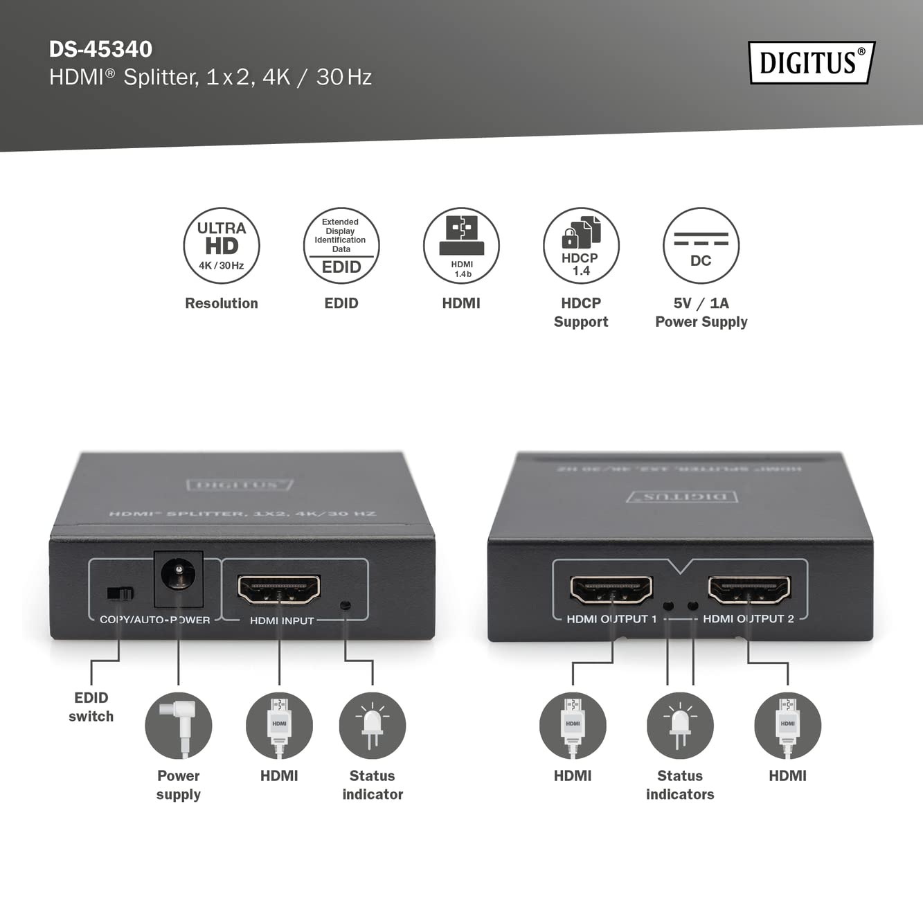 Digitus DS-45340 Splitter HDMI 1x2 - Ingresso: 1 porta/Uscita: 2 porte - UHD 4K/30 Hz - HDCP 1.4 e HDMI 1.4b - Deep Colour, EDID switch, protezione ESD