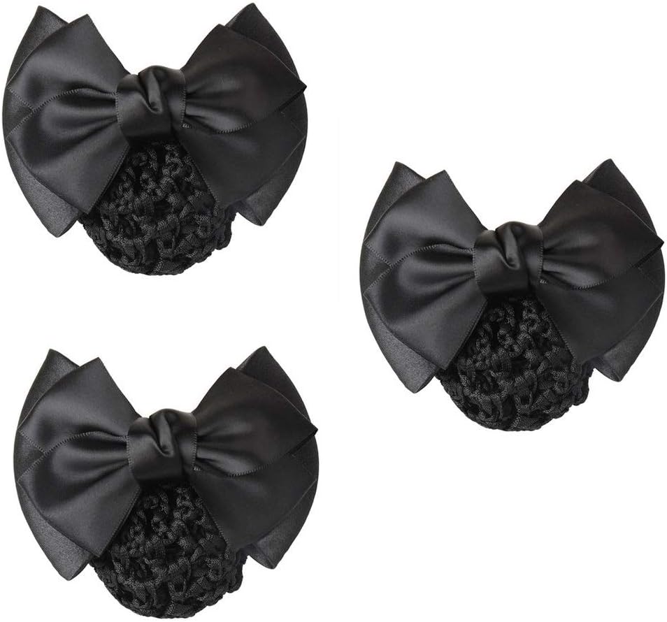 MOTZU 3 Pieces Bowknot Snood Net Barrette Hair Clip Bun Cover Hairnet Lace Bow Decor for Woman, Color Black