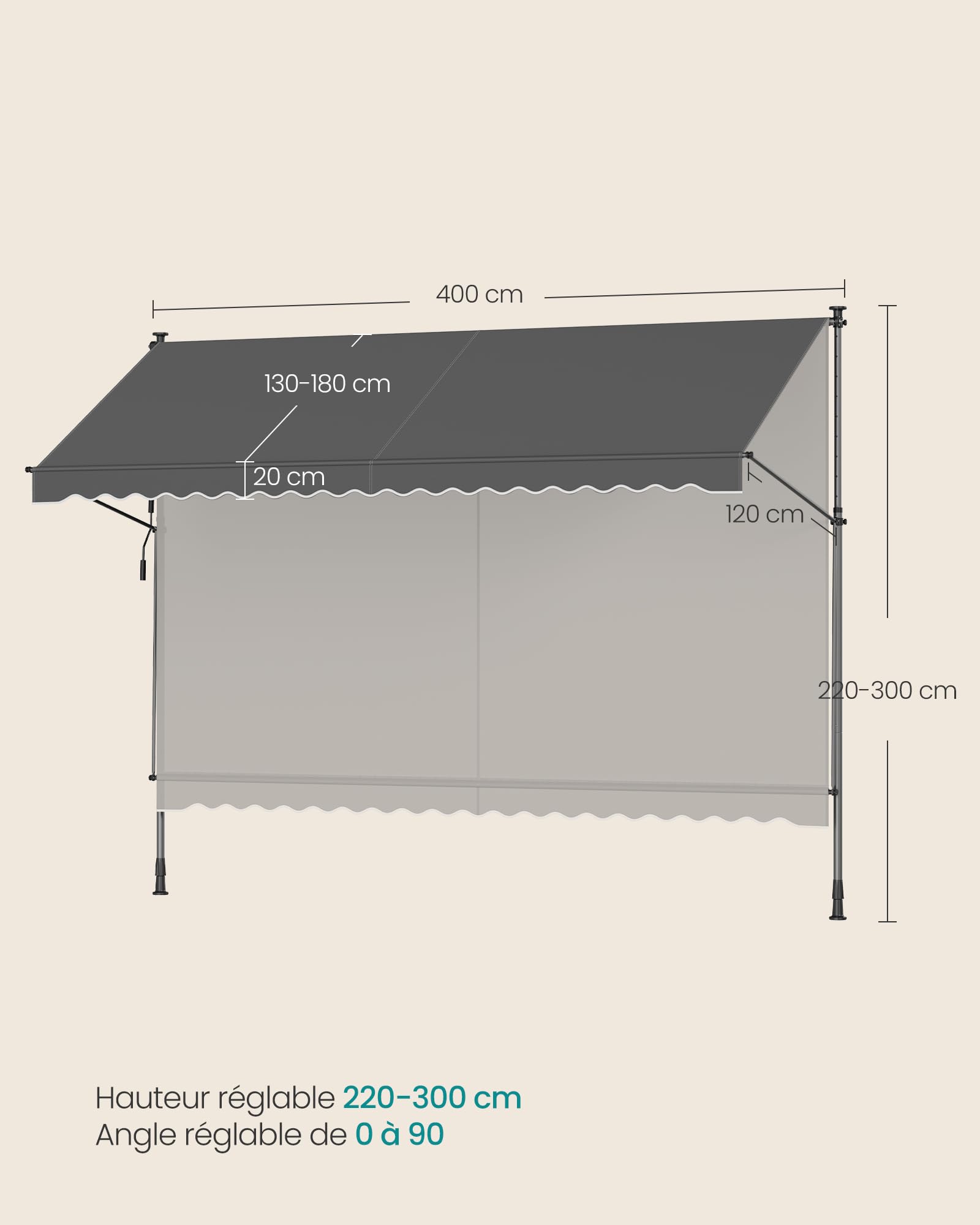 SONGMICS Store Banne Rétractable, Store Manuel, Réglable en Hauteur, avec Manivelle pour Balcon, Jardin, Terrasse, 400 x 180 cm, Gris Anthracite GSA402G02