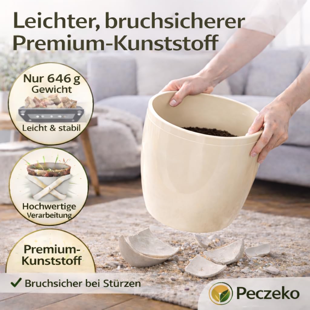 Glänzende Blumentöpfe - Deko Pflanztopf für Blumen & Kräuter - Langlebige & leichte runde Kunststoff-Pflanzentöpfe für Wohn- & Esszimmer, Küche, Balkon - 2er-Set - (Beige, ø 30 cm)