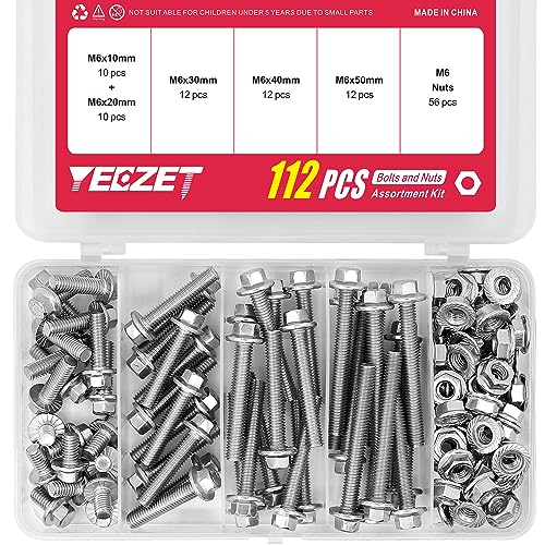 YEEZET 112PCS M6 Stainless Steel 304 Metric Flanged Hex Head Bolts and Nuts kit 10mm 20mm 30mm 40mm 50mm, 112 PCS M6 Bolts and Nuts Kit