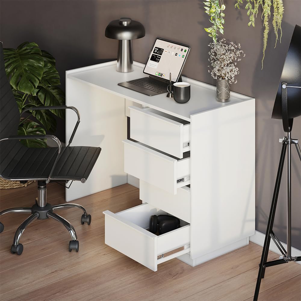 Vicco Bureau Viktoria, Blanc, 110x45cm | avec 4 tiroirs, convient comme poste de travail pour le télétravail et les études