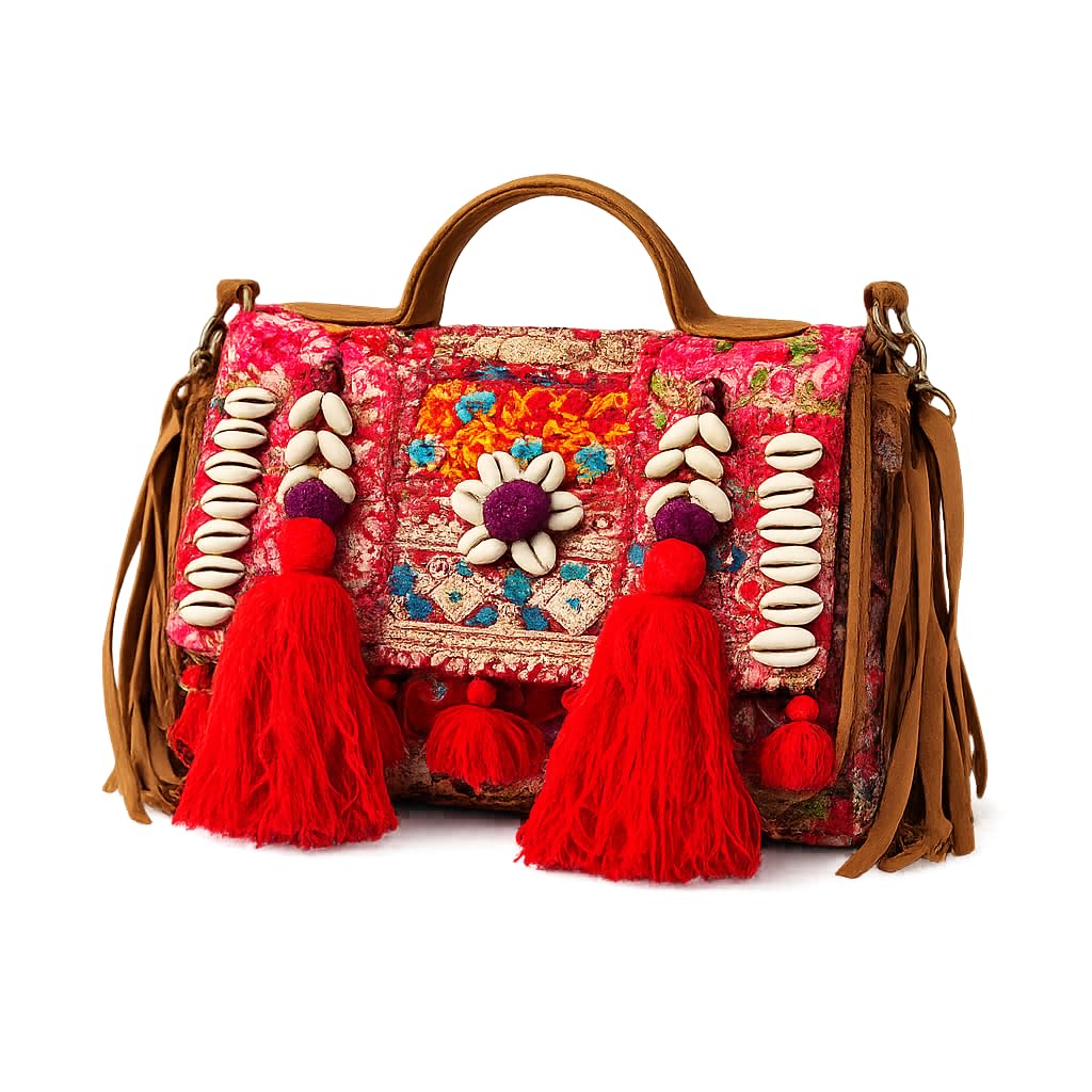 urban harbor Handmade Boho Crossbody Bag for Women | Red Embroidered Patchwork Sling Bag with Cowrie Shell Work, Tassels & Tribal Design | Ethnic Shoulder Handbag for Casual, College & Travel-picture-20