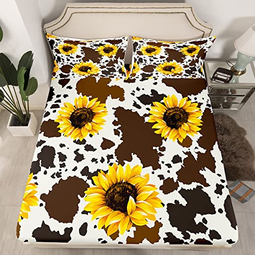 Sunflower Cow Bed Sheet For Kid Girl Man Queen,Rustic Cowhide Brown Sheet Set With Yellow Floral Soft,Wildlife Farmhouse Cow Fitted Sheet Deep Pocket + Abstract Milk Cow Flat Sheet + 2 Pillowcases #TOP1