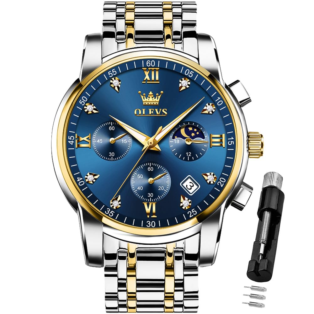 OLEVSWatch for Men Diamond Business Dress Analog Quartz Stainless Steel Waterproof Luminous Date Two Tone Luxury Casual Wrist Watch