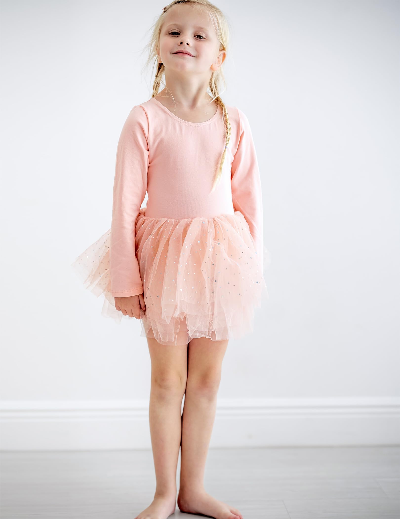 Arshiner Vestido de Tutú de Ballet para Niñas Malla de Manga Larga Traje de Baile de 4 Capas con Falda Brillante Traje de Ballet, Ropa de Baile para Edades de 2 a 11 años