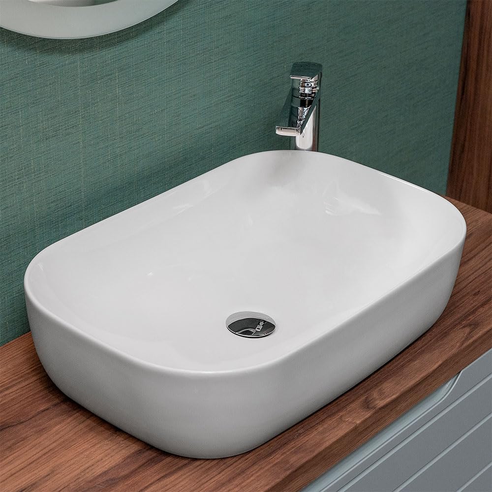 Lavabo da appoggio 60x40 rettangolare in ceramica lucida da installare su mensole o mobili bagno con top