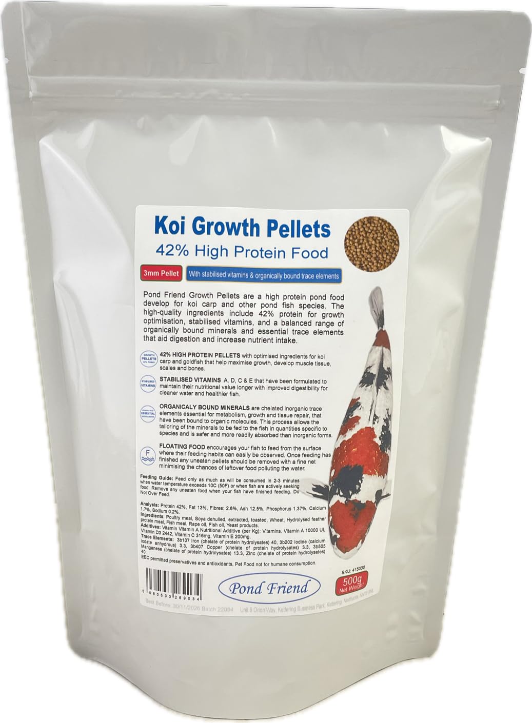 Pond Friend Koi Growth Pellets Floating Fish Food 500g 3mm Carp & Goldfish High Protien Diet For Fast Growth