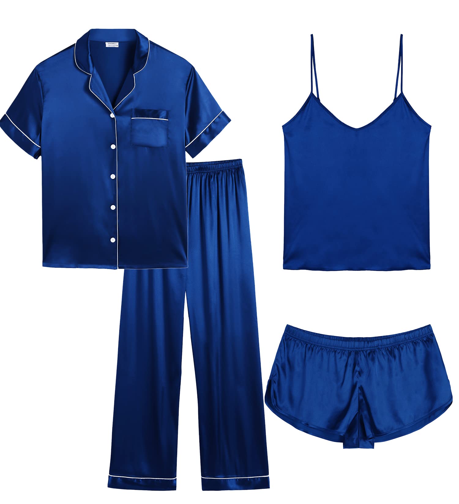 SWOMOG Women Plus Size Pajama Set 4pcs Silk Satin Sleepwear Button Down Pjs Cami Shorts Set Loose Loungewear 16W-26W Navy Blue