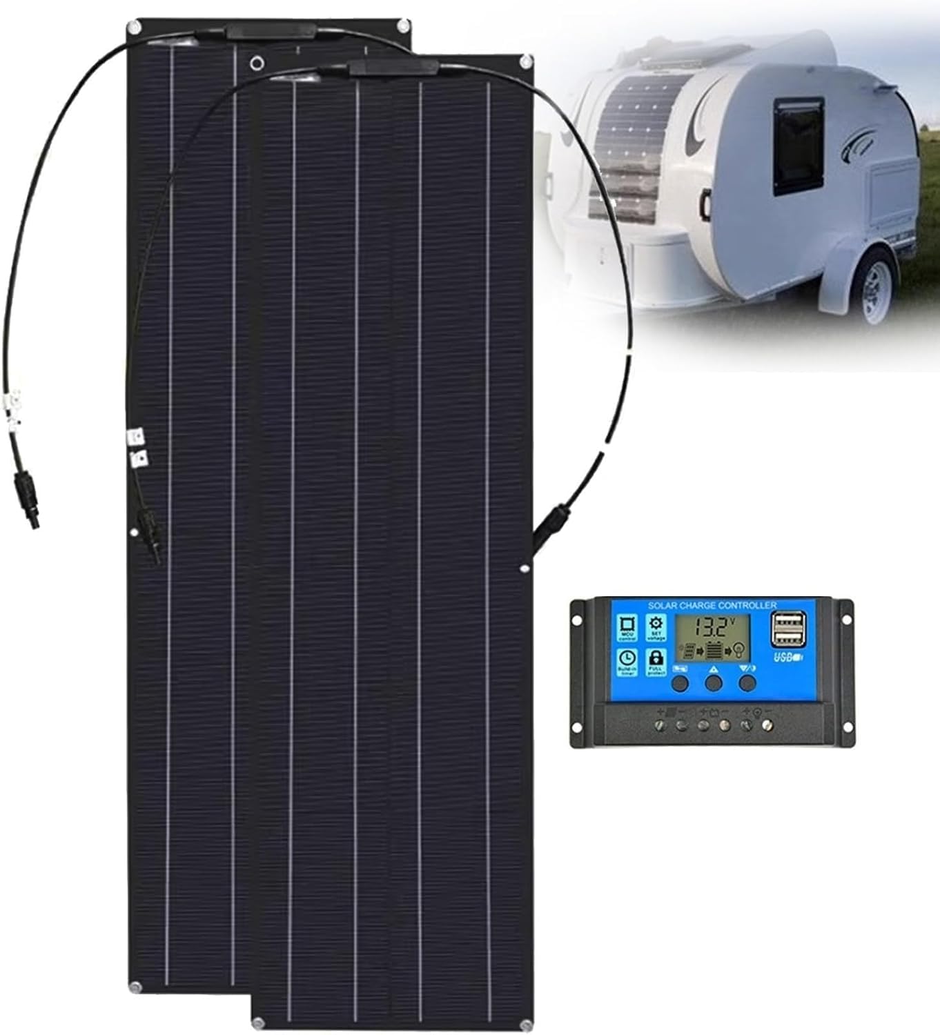 GZGHRZQS Monocrystalline Solar Panel Kit 200W/400W/800W Ultra-Thin, Flexible Solar Panels Alternative 12V-24V ETFE Panels With 40A Controller, For Family, Caravan, Boat