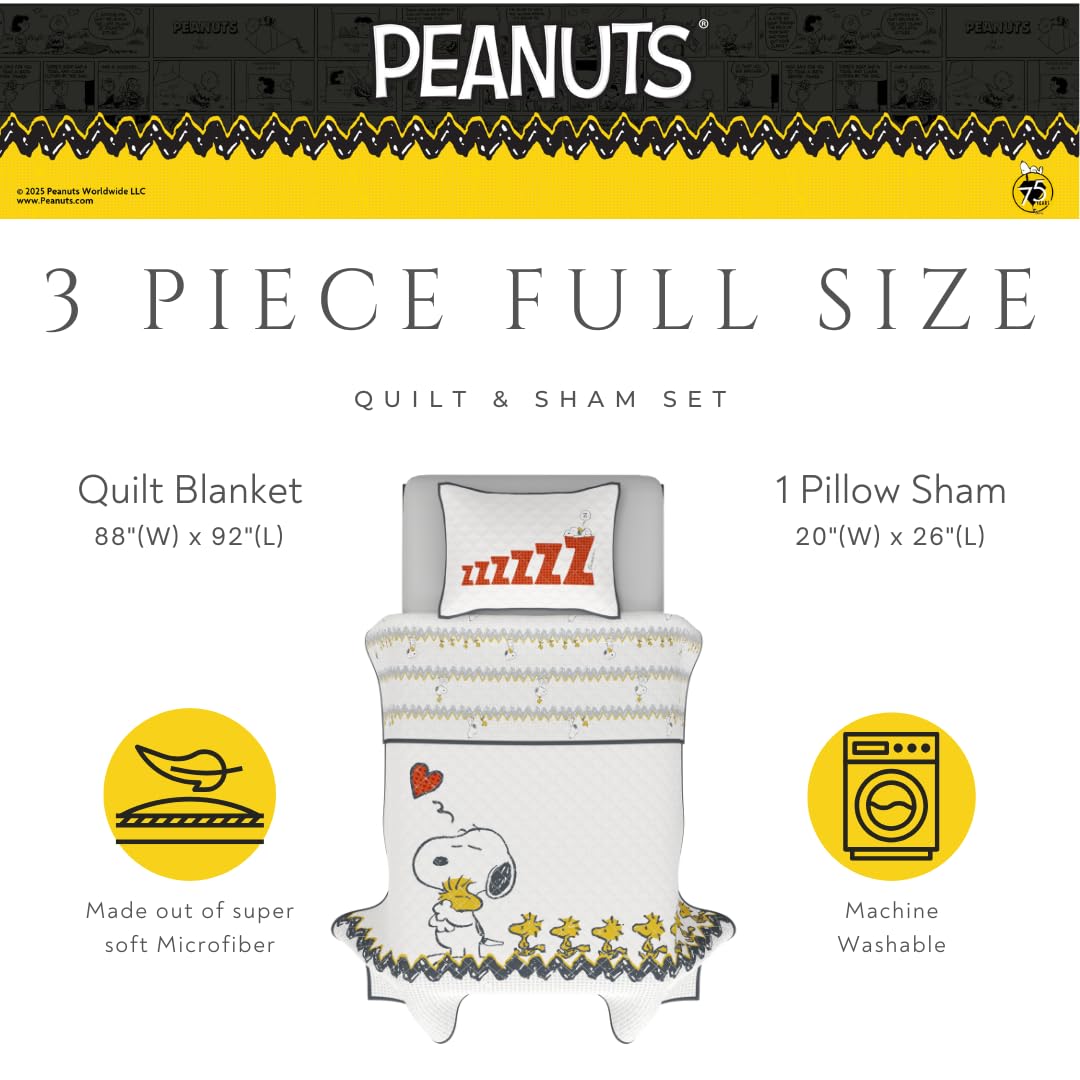 Franco Peanuts 75th Anniversary Snoopy & Woodstock Bedding Super Soft Cozy 3 Piece Full/Queen Coverlet Quilt and Sham Set, (Officially Licensed Product)