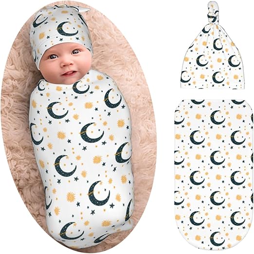 Moon Baby Stuff Swaddle Blanket with Beanie Set for Boy