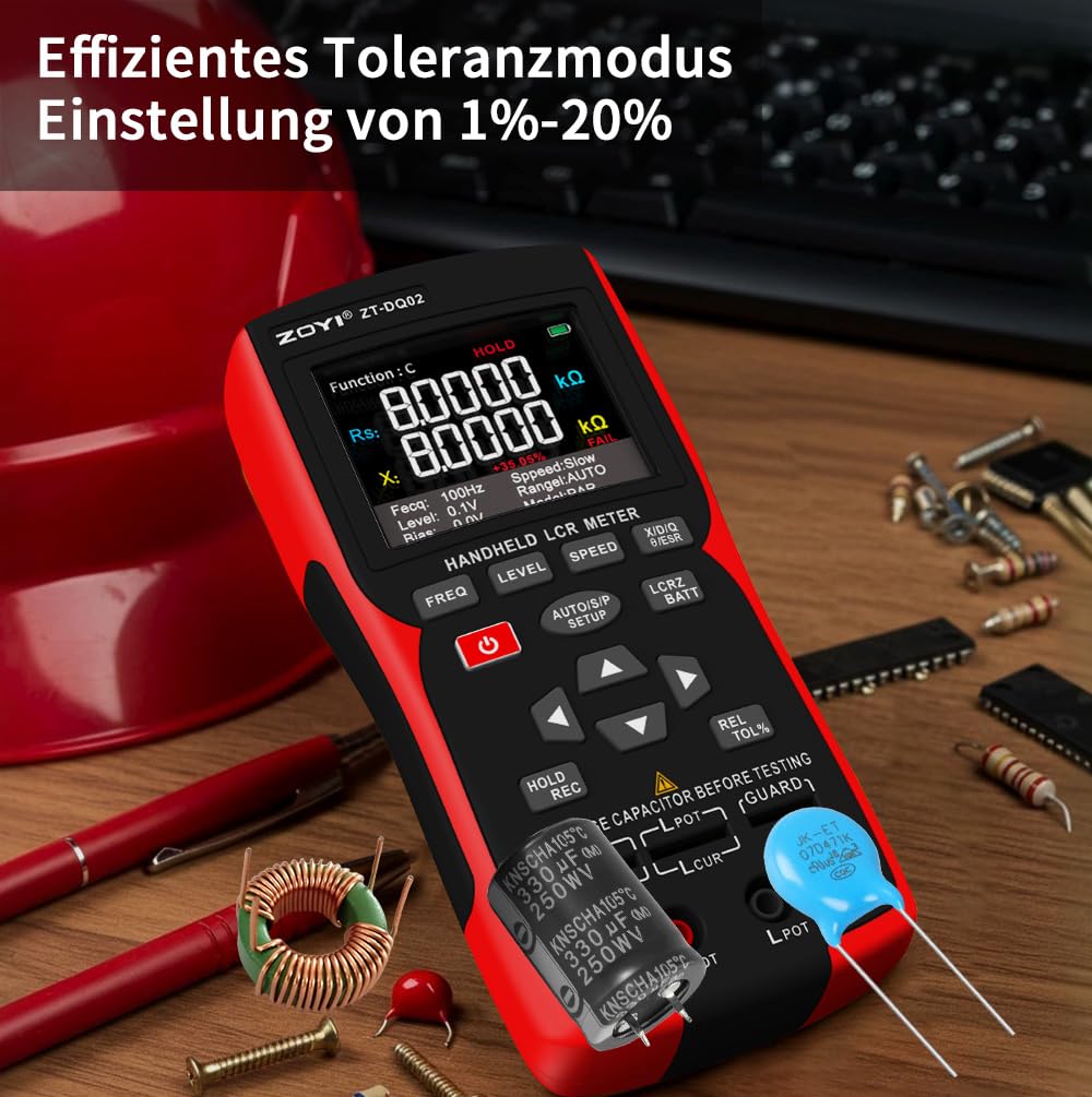 Handheld LCR Messgerät mit Batterie Innenwiderstandstester Präzisionsmultimeter für Kapazität/Induktivität, 4 Draht Kelvin Klemmen 100Hz–100kHz