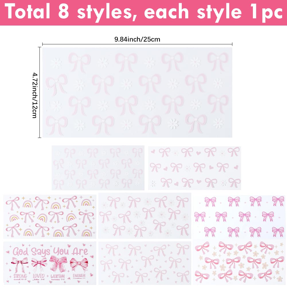 SOFPLATE 8 Sheets 8 Styles Glass Cup Sticker Wrap Waterproof Pink Bow Decals Heart Flower Rainbow Bowknot Pattern UV DTF Cup Wraps Stickers for Water Bottles Glass Creative Gifts Wood Decoration - Image 2