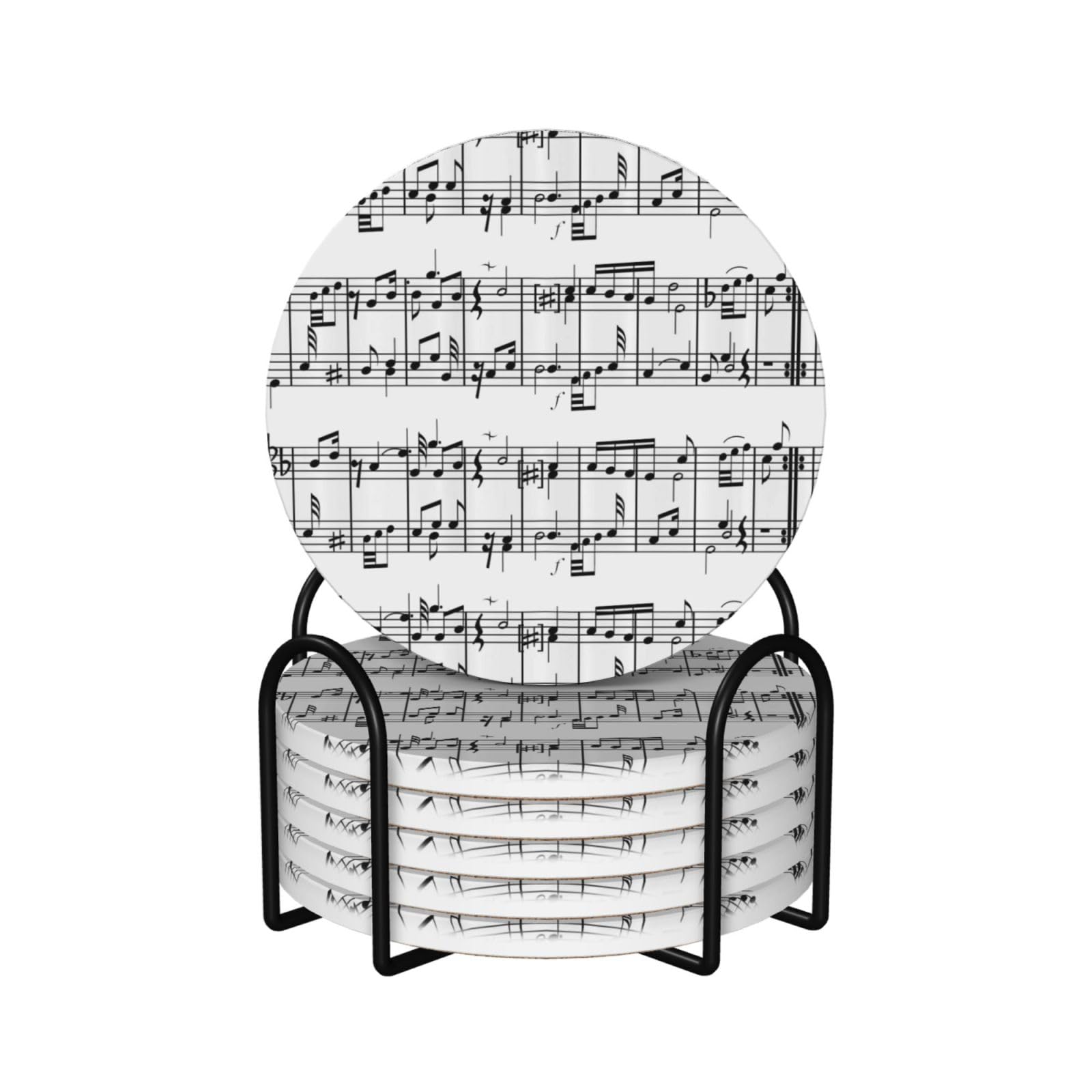 Yxdvpalne As Picture Musical Notes On The Clef,Round Ceramic Coasters, Mugs Pad, Cups Mat Set Of 6 Drinks Coasters With Holder