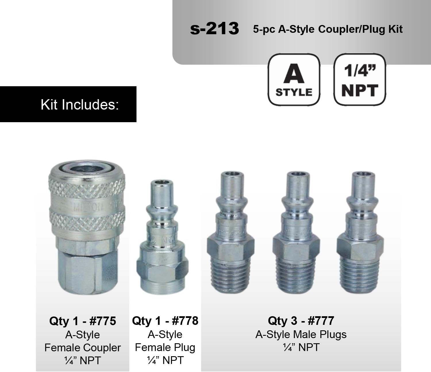 Milton S-213 1/4" NPT A Style Coupler and Plug Kit - 5 Piece