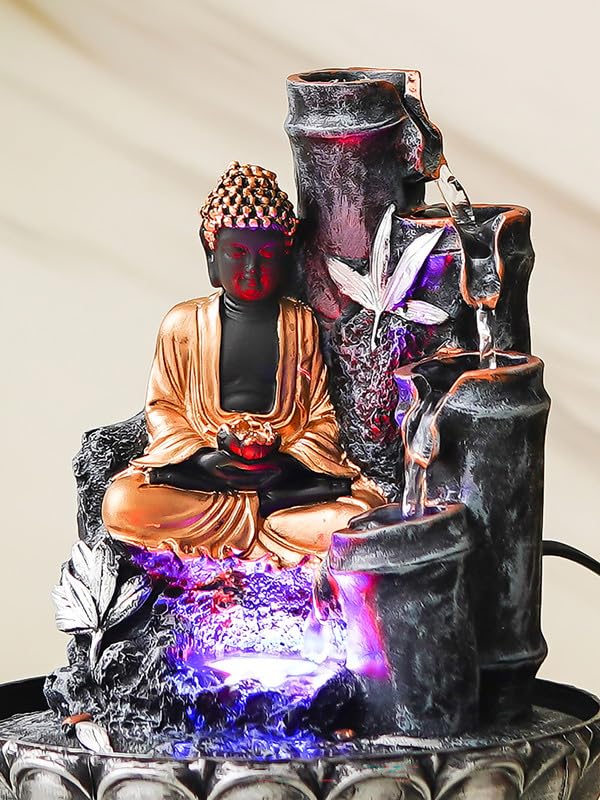 Image of Grey Color Polyresin Tabletop Buddha 4 Step Indoor Water Fountain for Home Decor with LED, Speed Control Pump (Size: 20 x 20 x 25.5 CM | Weight: 1010Gram)
