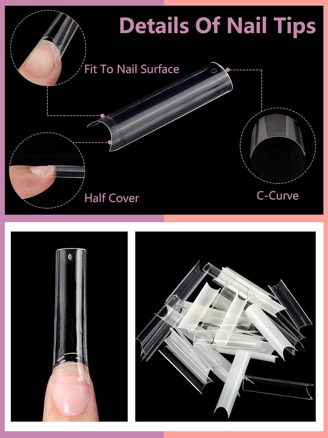 480PCS Extra Long C Curve Nail Tips and Glue, 2 Packs Natural and Clear Acrylic Nail Tips for Acrylic Nails Professional Set, 12 Sizes Artificial XXL Long Straight Square French False Nail Tips : Beauty & Personal Care