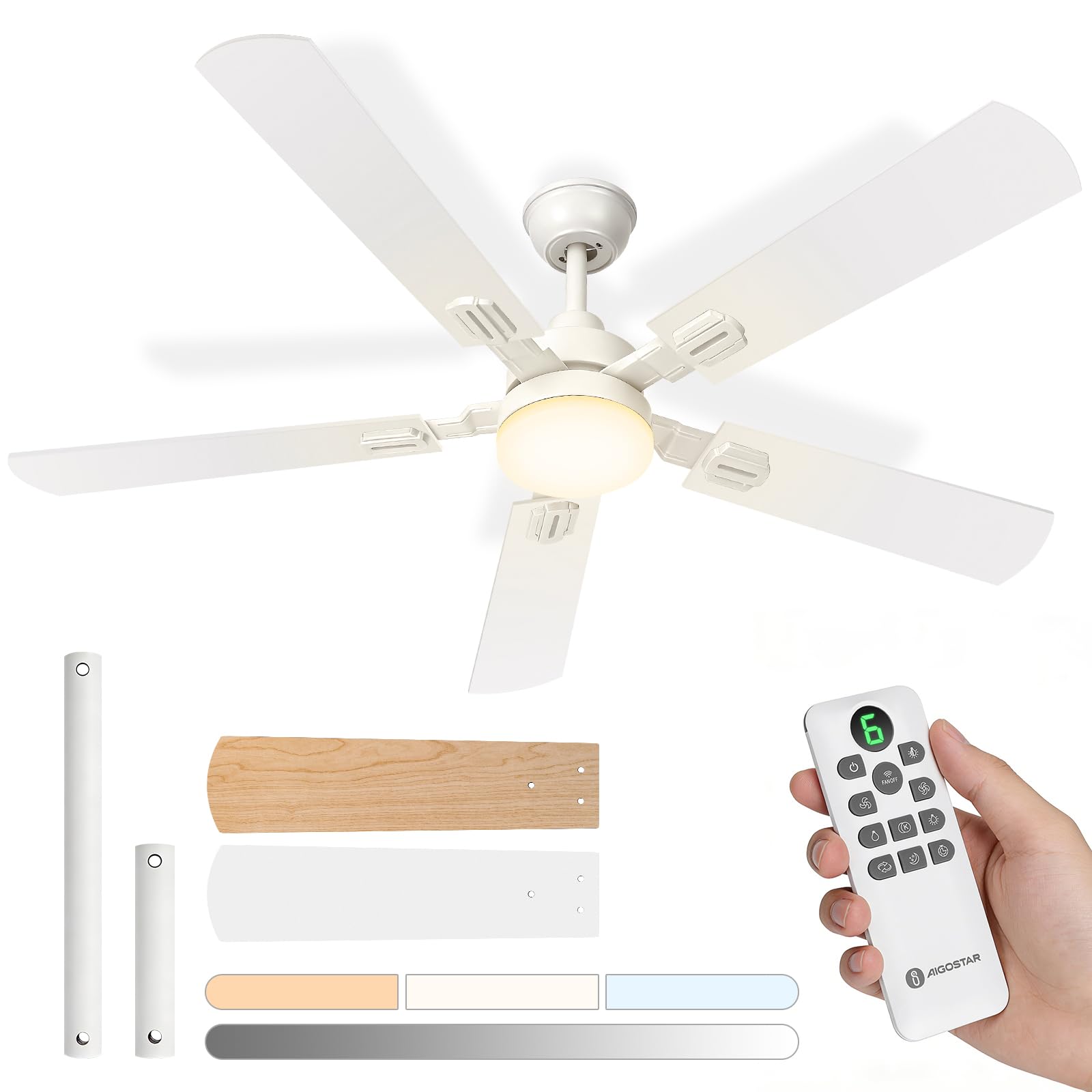 Aigostar Ventilador de Techo con Luz Silencioso 52″, Motor DC Reversible 33W, Mando a Distancia, 6 Velocidades, 3000K/4000K/6000K Regulable, Ideal para Dormitorio, Sala o Cocina. Ø132 cm