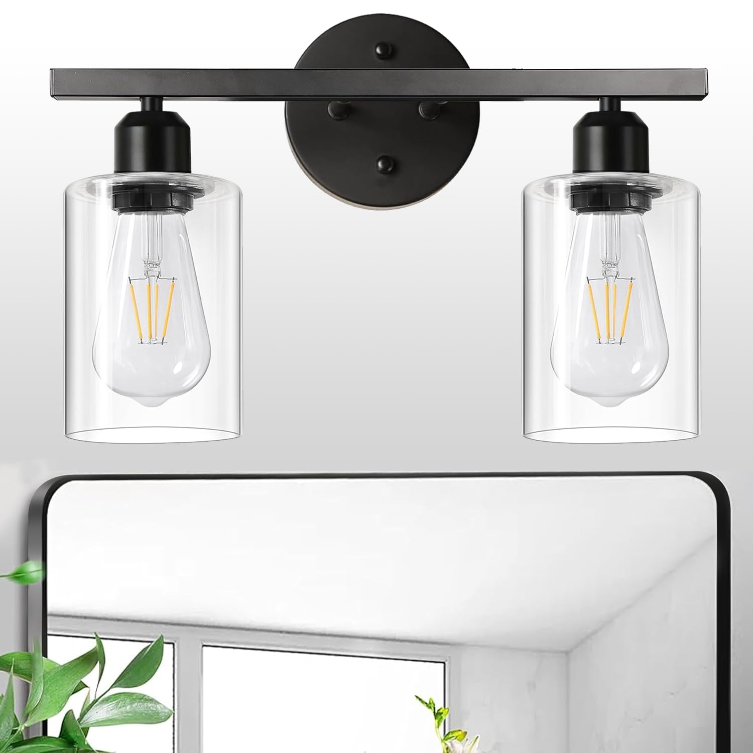 baiyilux 2-Light Bathroom Light Fixtures, Black Modern Vanity Lights with Clear Glass Shade, Bathroom Wall Lamp for Mirror Kitchen Living Room Hallway Cabinet Porch