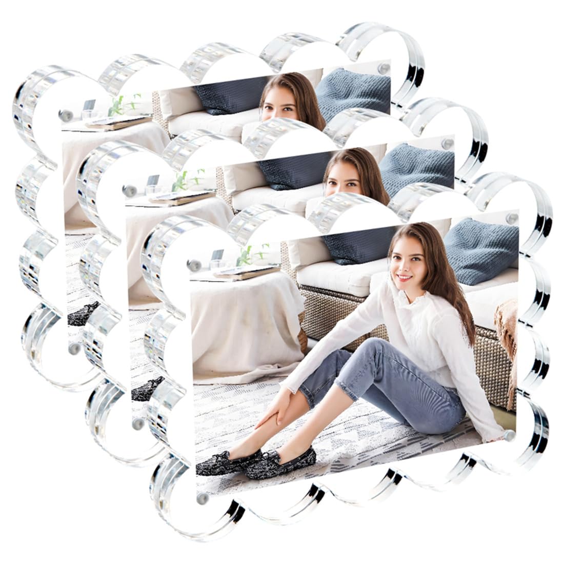 3 Pack 4x6 Inch Magnetic Acrylic Picture Frame,10+10mm Thick Block,Double Sided Clear scalloped frames for Desktop Display | Trendy Home Gift (3 Pack, 4x6inch)