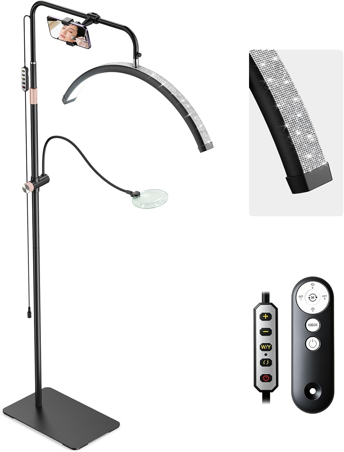 Half Moon Lash Light - Bling Diamond Lash Lamp with 4X Magnifier & Phone Holder, Adjustable Floor Lamp for Eyelash Extensions, Nail Art, Tattoo, Skincare, Dimmable Brightness, Rotating Head, Black