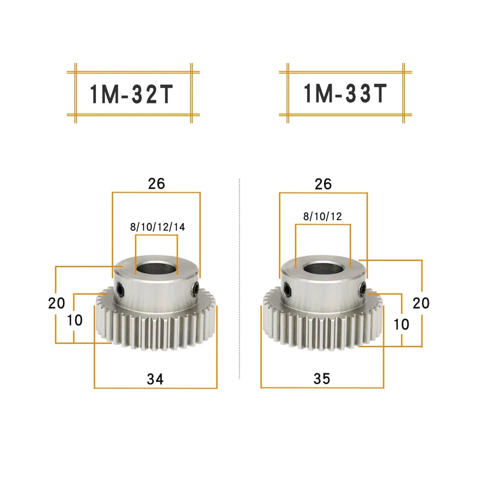 Bevel Gear Pinion Hardware Mechanical 1pcs Gear Wheel 1M-32T/33T Bore Size 8/10/12/14 Mm 304 Stainless Steel Pinion Gear Teeth Thickness 10 Mm Total Height 20 Mm(1M32T (Bore 10 mm))