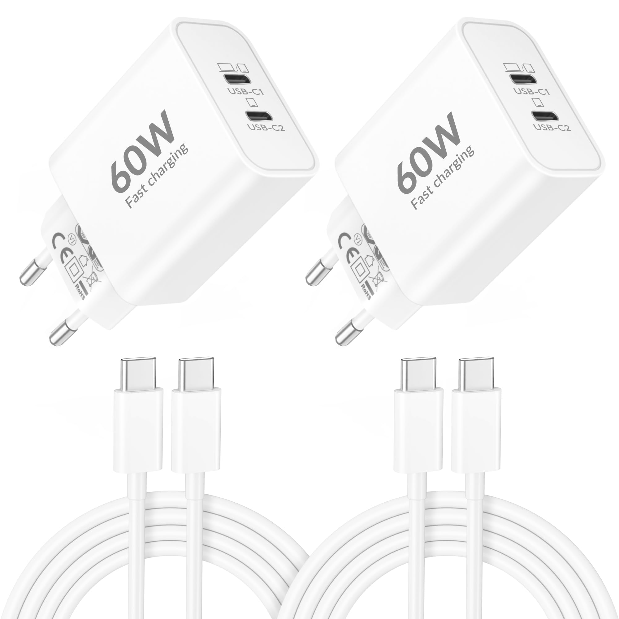 60W 2-Port USB C Ladegerät mit Ladekabel für iPhone 17e/17 Pro Max Air, iPhone 16 15 Pro Max Plus 16e, iPad 10/11/A16, 40W USBC Netzteil Stecker Adapter Schnellladegerät + 2M Schnellladekabel 2-Pack