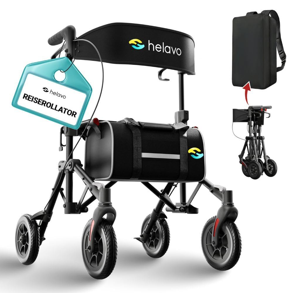 Helavo leichter Reiserollator mit Sitz & platzsparendem Klappmechanismus | Einfacher Transport dank ultrakompakter, doppelter Faltfunktion - Inkl Transportrucksack - Vollständig Aufgebaut - Nur 8,5 kg