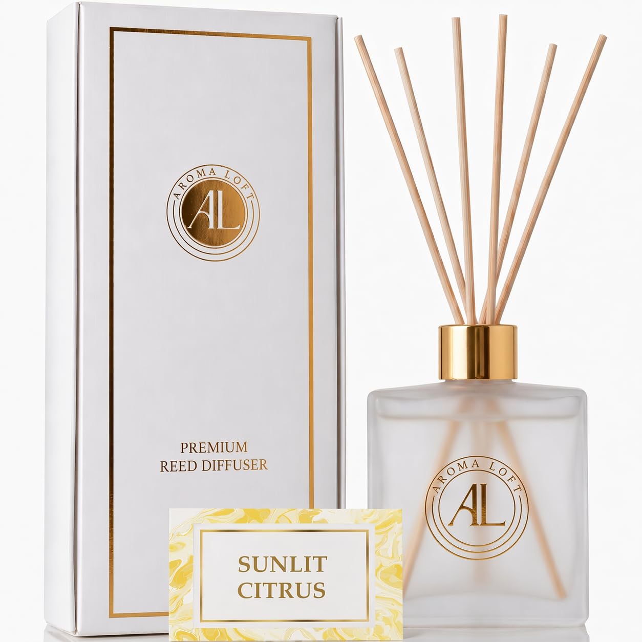Frosted Reed Diffusers Sticks in Oil Set with Sunlit Citrus Scent | Long-Lasting Reed Diffusers for Home, Office, Bathroom, &amp; Bedroom Decor Fragrance Diffuser | Frosted Diffuser | (5 oz)