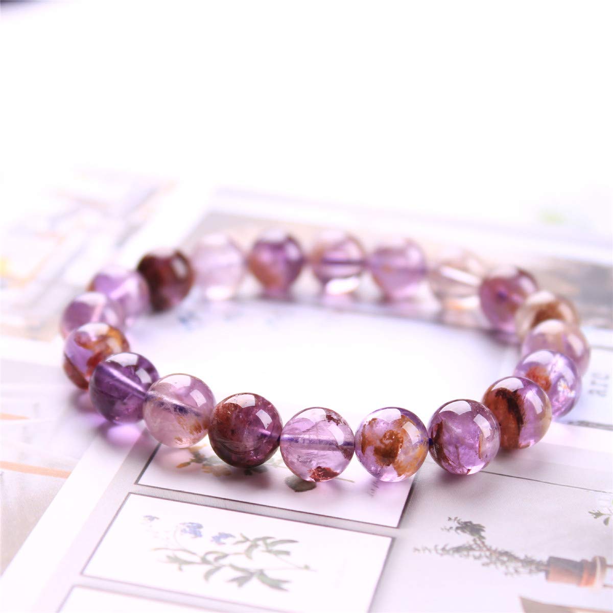 DUOVEKT Genuine Natural Cacoxenite (Purple Phantom) Bracelet - 15mm Round Beads, 7.5"
