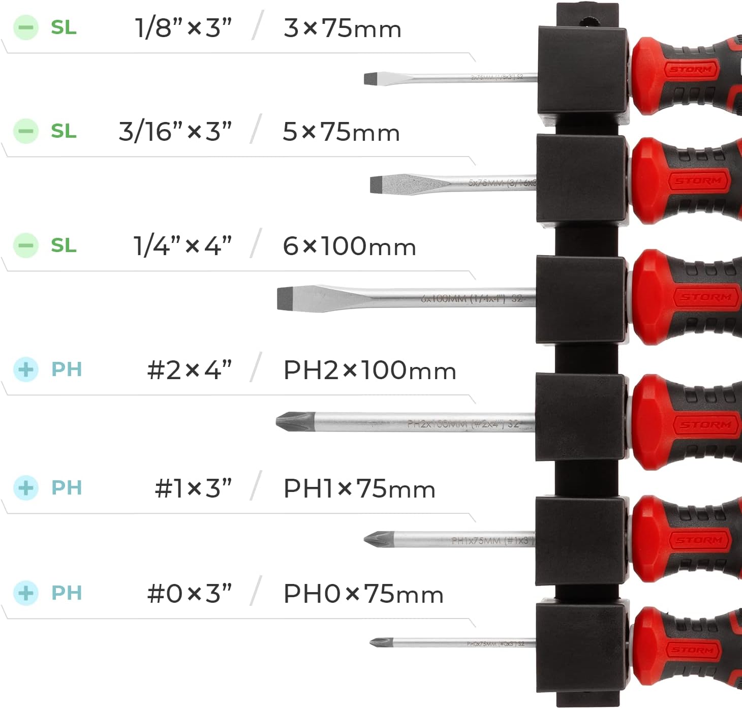 INTERTOOL Magnetic Screwdriver Set with Impact Grade S2 Steel and Ergonomic Cushion Grip Handles 6pc - Wall Mount Rack - Phillips & Flat Head - VT08-3436