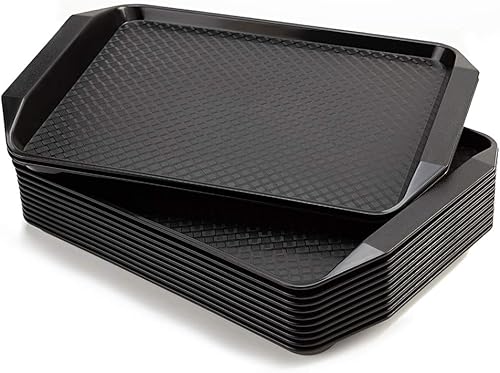 Bandeja de plástico para servir comida rápida, 16.95 x 11.82 pulgadas, juego de 12 (negro)