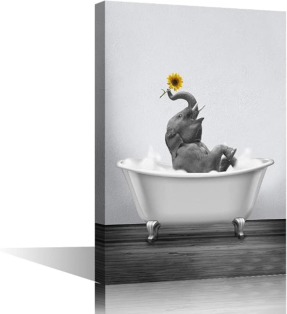 Elephant in The Bathtub Oil Paintings On Canvas Wall Art Grey Wildlife Art Print Artwork for Living Room Kitchen Corridor Bedroom Office Decor Framed Ready to Hang 8x12inch (20x30cm)
