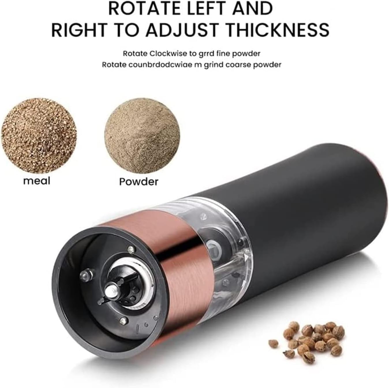 Electric Salt and Pepper Grinder, Automatic Pepper Mill, Gravity Salt Grinder, Battery-Operated with Adjustable Coarseness, LED Light, One Hand Operated