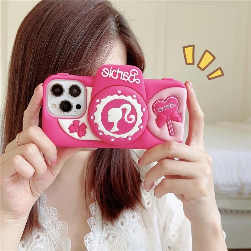Image of COVERLY for iPhone 12 Pro Barbie 3D Cute Camera Holder Case,Full Protective Cartoon Rose Pink Bow with Stand DSLR Look Beautiful Doll Soft Silicone Aesthetic Back Cover for Apple iPhone 12 Pro