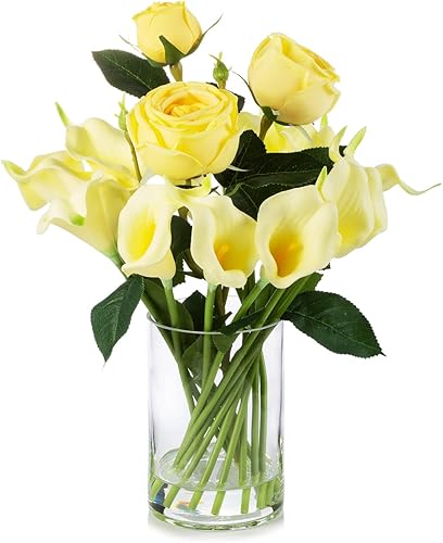 ENOVA FLORAL Mezcla de lirio artificial de tacto real y flor de rosa en jarrón de vidrio con agua sintética, arreglo floral sintético en jarrón para ENOVA FLORAL Mezcla de lirio artificial de tacto real y flor de rosa en jarrón de vidrio con agua sintética, arreglo floral sintético en jarrón para